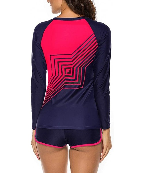 Rash Guards Womens Long Sleeve Rashguard Swimsuit Sport Swimwear Tankini Set - Geometry Plum Red - CJ19607MY6N