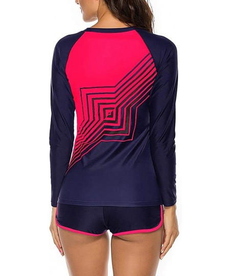 Rash Guards Womens Long Sleeve Rashguard Swimsuit Sport Swimwear Tankini Set - Geometry Plum Red - CJ19607MY6N