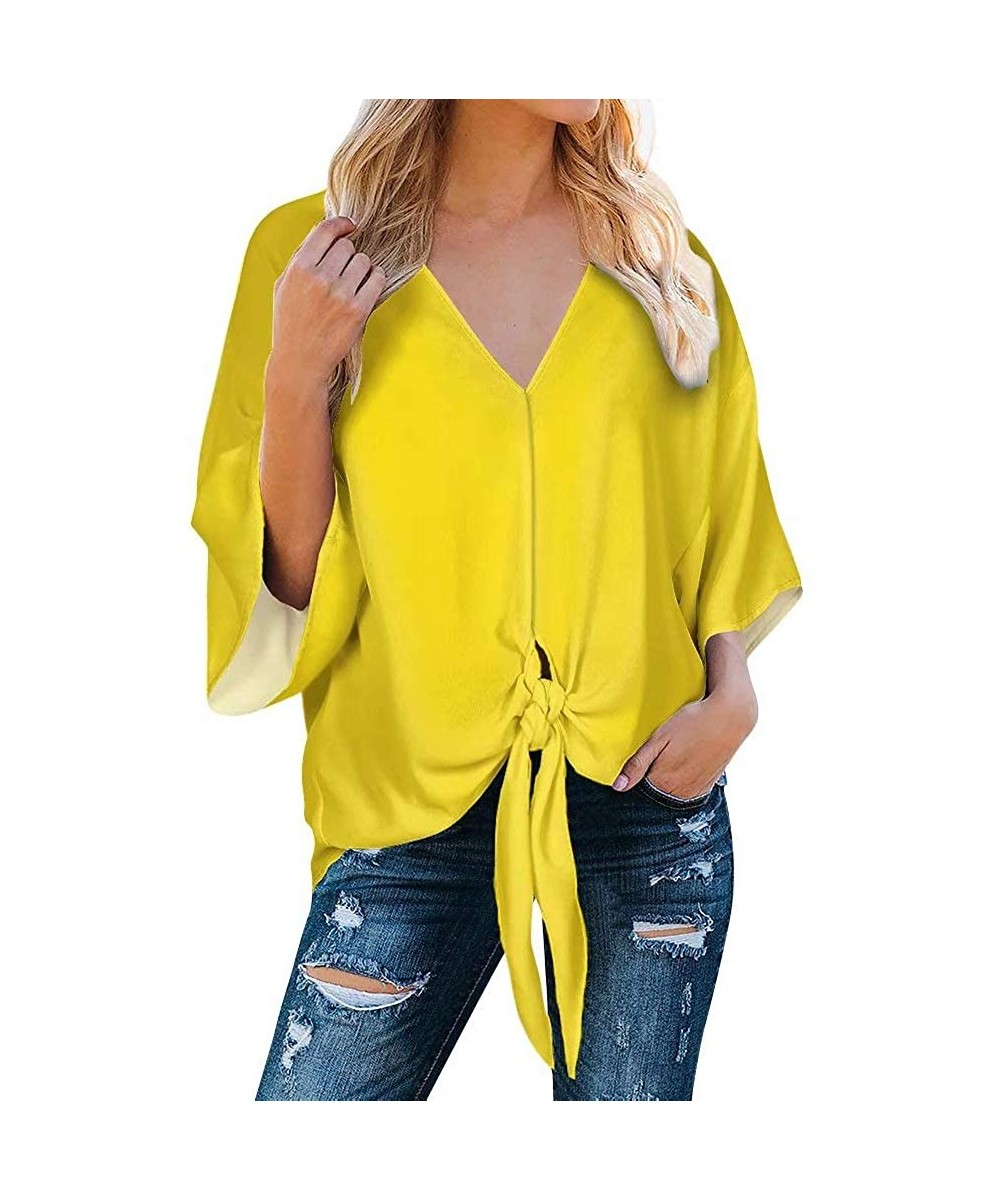 Cover-Ups Womens Deep V Neck Front Tie Knot Top Blouses Batwing Sleeve Loose Shirts - Yellow - C61927A08TW