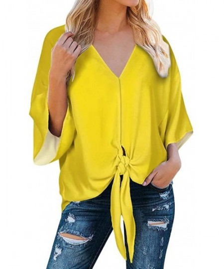 Cover-Ups Womens Deep V Neck Front Tie Knot Top Blouses Batwing Sleeve Loose Shirts - Yellow - C61927A08TW