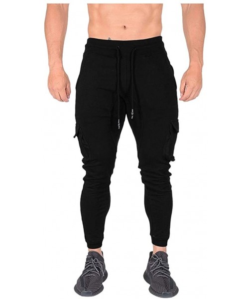 Rash Guards Men's Gym Joggers Pants Slim Fit Stripe Fitness Training Workout Sweatpants with Cargo Pockets - Black - C018XZGC7YS