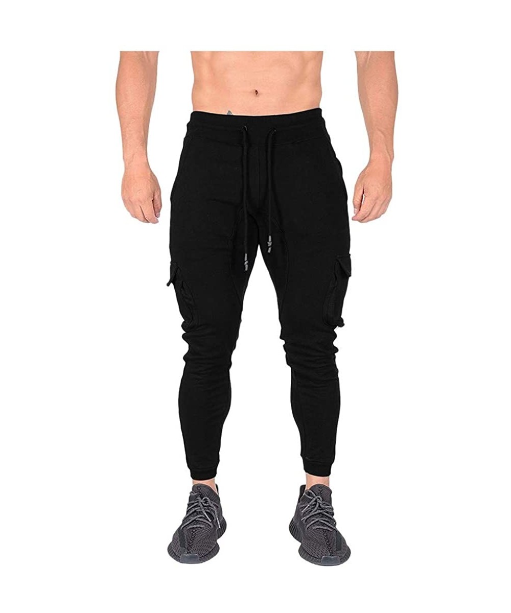 Rash Guards Men's Gym Joggers Pants Slim Fit Stripe Fitness Training Workout Sweatpants with Cargo Pockets - Black - C018XZGC7YS