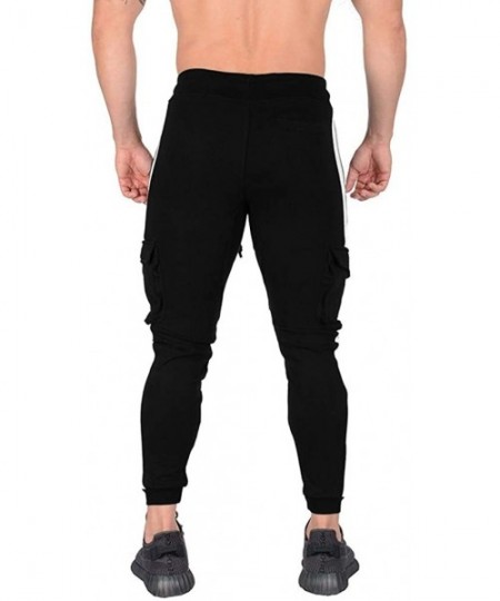 Rash Guards Men's Gym Joggers Pants Slim Fit Stripe Fitness Training Workout Sweatpants with Cargo Pockets - Black - C018XZGC7YS