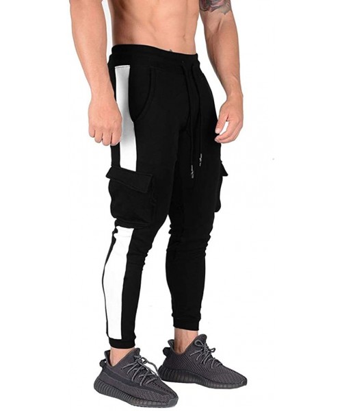 Rash Guards Men's Gym Joggers Pants Slim Fit Stripe Fitness Training Workout Sweatpants with Cargo Pockets - Black - C018XZGC7YS