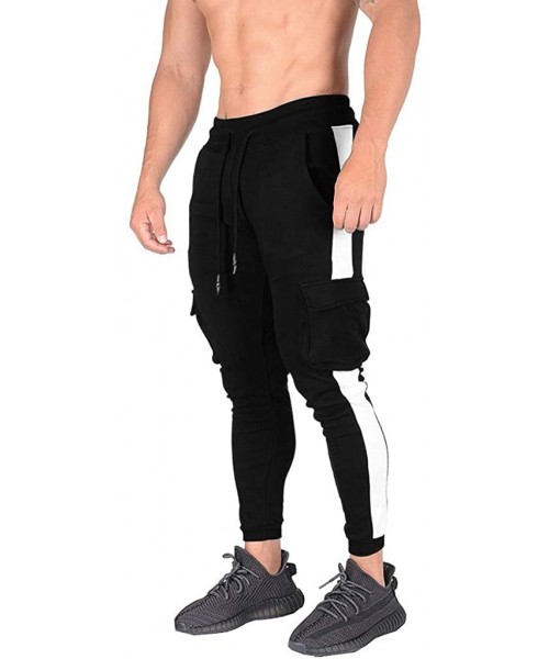 Rash Guards Men's Gym Joggers Pants Slim Fit Stripe Fitness Training Workout Sweatpants with Cargo Pockets - Black - C018XZGC7YS