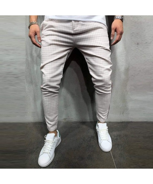 Rash Guards Men's Casual Pants Elastic Waist Plaid Stripe Splice Slim Fit Long Trouser with Drawstring - Pink - CQ18WO8GLH5