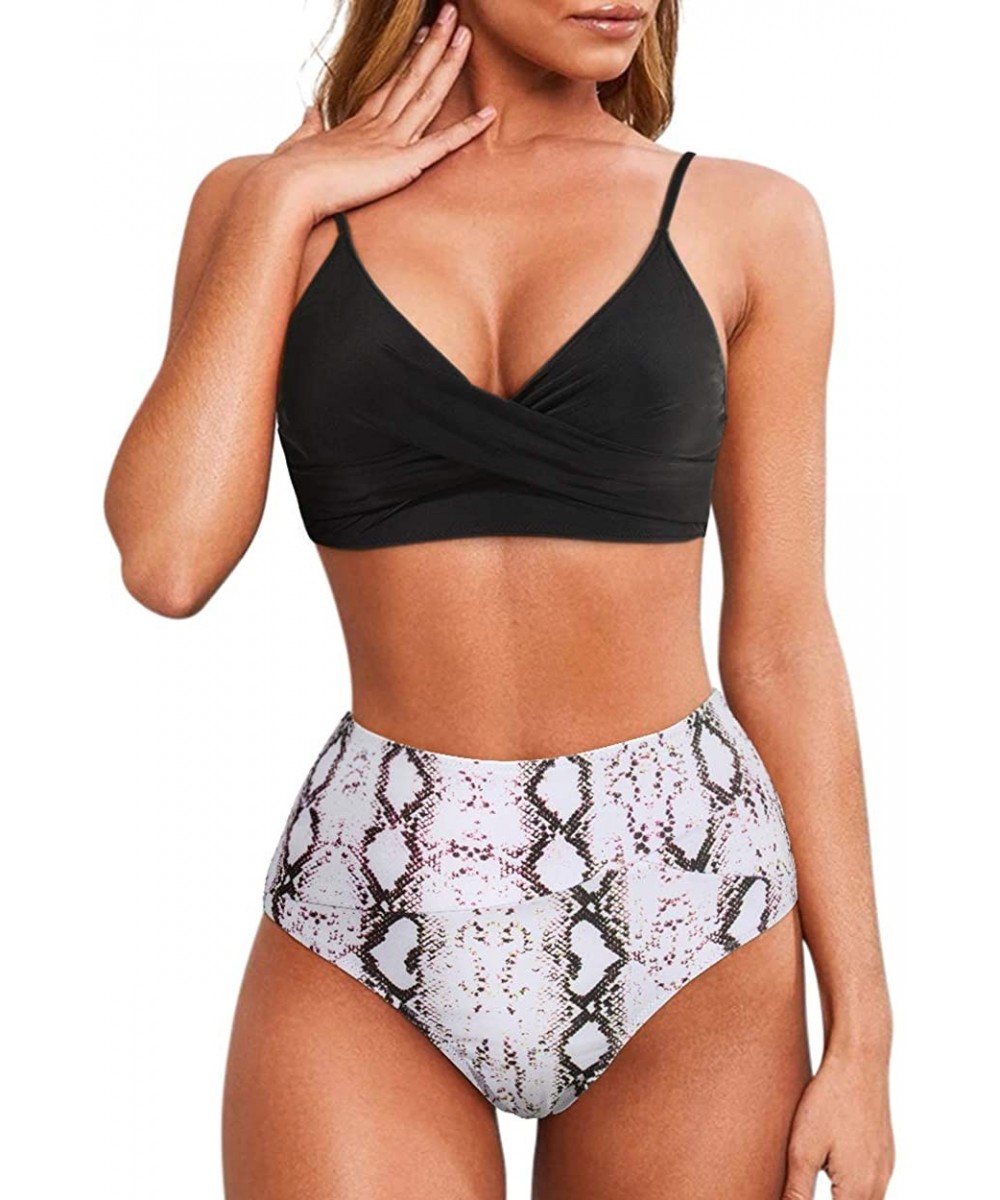 Sets Women Cross High Waisted Bikini Twist String Push Up Two Piece Swimsuits - Black Snake - CN199C8ZKQQ