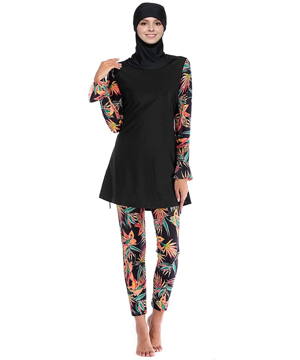 Sets Womens' Modest Muslim Burkini Print 3 Pieces Swimwear Beach Swimsuits - Red2 - CK18K7IGYS2