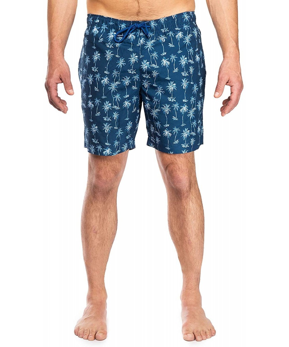 Trunks Men's Drawstring 7.5" Inseam Swim Trunks - Navy Palm Tree - CT199OO3K0N