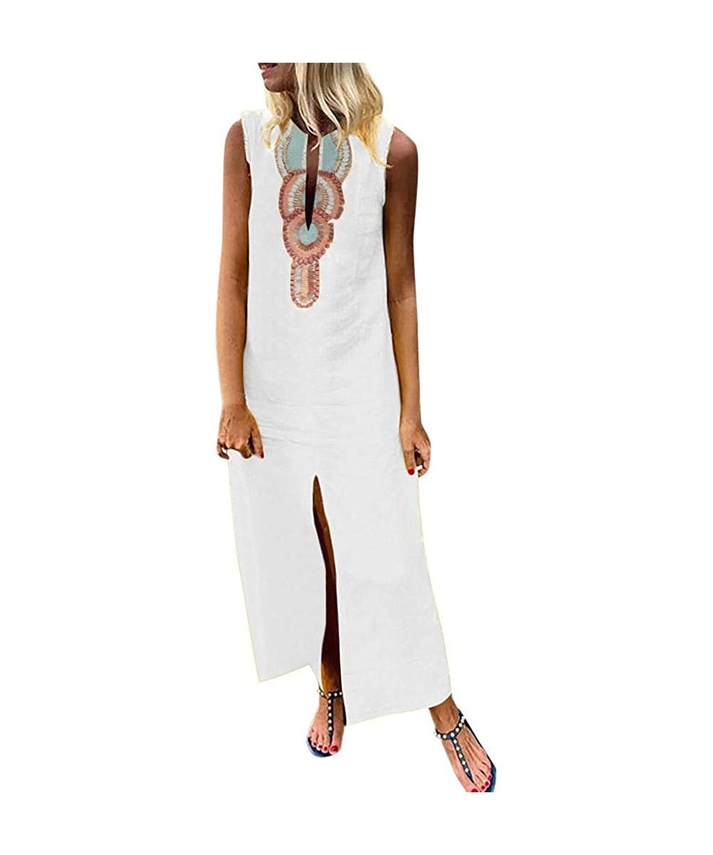 One-Pieces Women Sleeveless V-Neck Printed Maxi Dress Vestido Split Hem Baggy Kaftan Long Dress - C-white - C618S8S38CR