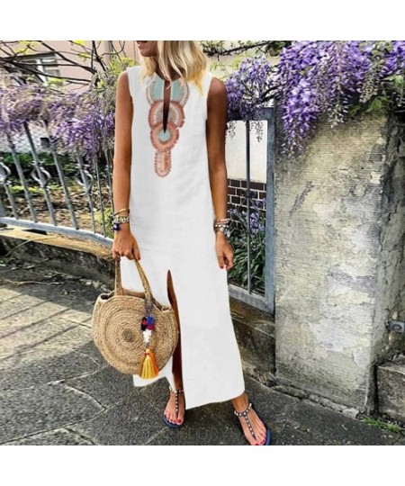 One-Pieces Women Sleeveless V-Neck Printed Maxi Dress Vestido Split Hem Baggy Kaftan Long Dress - C-white - C618S8S38CR