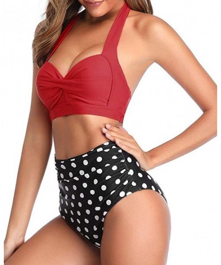 Sets Women's Vintage High Waisted Bikini Sets Solid Color Polka Dot Print Two Pieces Swimsuits Bathing Suits Swimwear 2 red -...