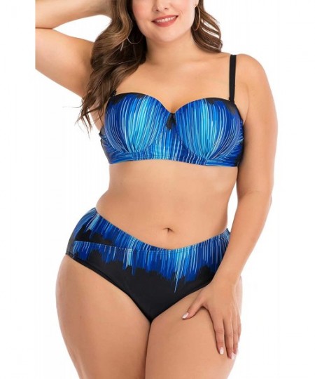 One-Pieces Women's Plus Size Chic Two Pieces/One Piece Swimsuit Cute Modest Bathing Suit - Black Blue Stripped - C31946984A8