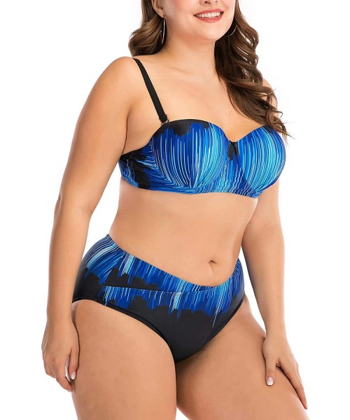 One-Pieces Women's Plus Size Chic Two Pieces/One Piece Swimsuit Cute Modest Bathing Suit - Black Blue Stripped - C31946984A8