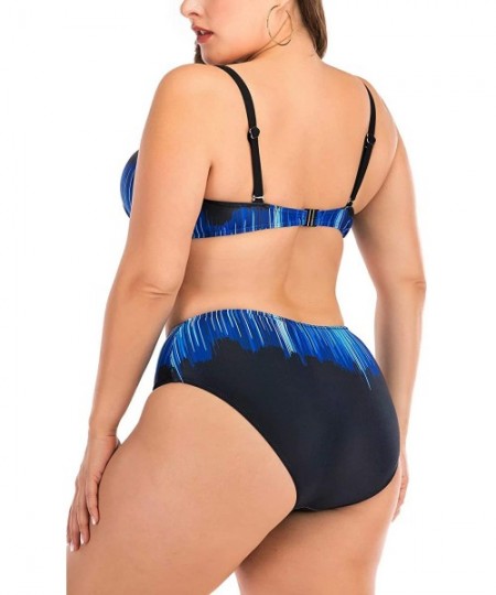 One-Pieces Women's Plus Size Chic Two Pieces/One Piece Swimsuit Cute Modest Bathing Suit - Black Blue Stripped - C31946984A8