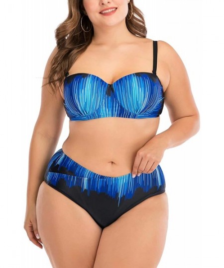 One-Pieces Women's Plus Size Chic Two Pieces/One Piece Swimsuit Cute Modest Bathing Suit - Black Blue Stripped - C31946984A8