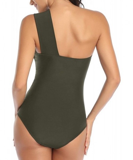 One-Pieces Women One Shoulder One Piece Swimsuit Tummy Control Bathing Suit Asymmetric Ruched Swimwear - Tawny - CA18ADI9YCE