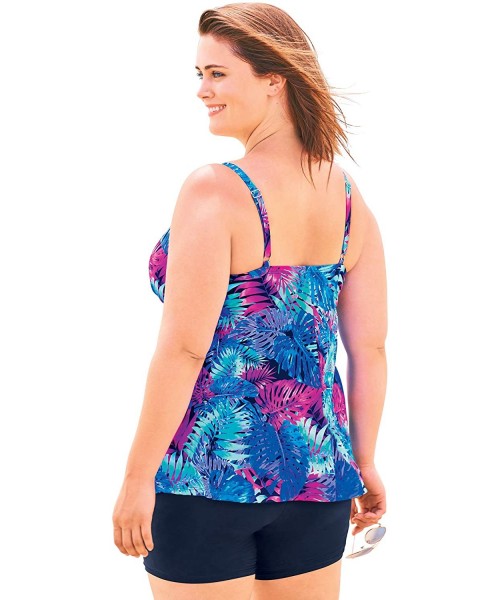 Tankinis Women's Plus Size Bra-Size Wrap Tankini Top - Blue Palm Print (0077) - CZ18ZCLZHMO