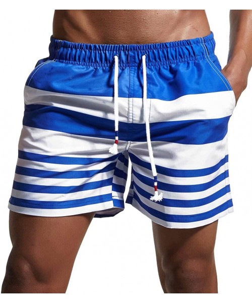 Trunks Men's Stripe Swim Trunks Quick Dry Casual Swim Shorts - Blue - CD182MCY94C