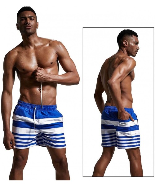 Trunks Men's Stripe Swim Trunks Quick Dry Casual Swim Shorts - Blue - CD182MCY94C