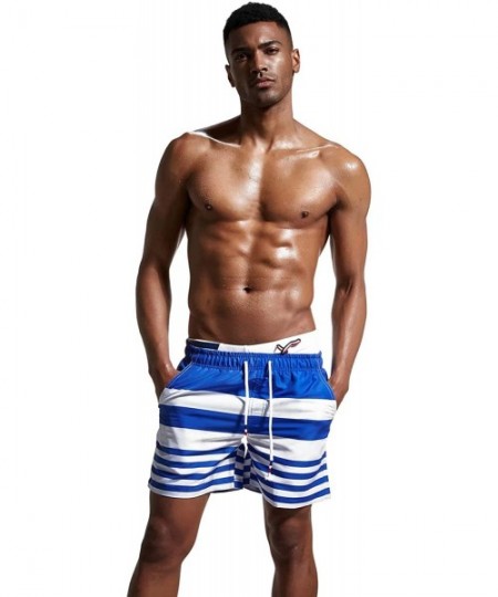 Trunks Men's Stripe Swim Trunks Quick Dry Casual Swim Shorts - Blue - CD182MCY94C