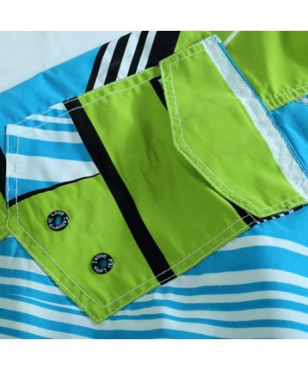 Board Shorts Men's Bathing Suits Beachwear Swim Trunks Quick Dry Striped With Side Pockets Mesh Lining - 1521green - CK18QIHUH3L