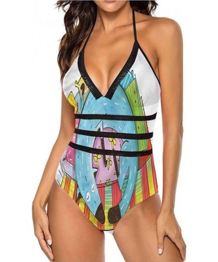 One-Pieces Women's Strappy Swimwear Princess Portrait Frame Great for Pool Party - Multi 18 - C519C2G45MZ