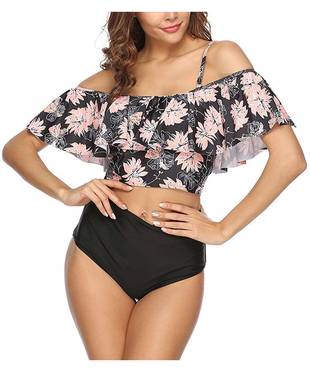 Sets Swimsuit for Women Two Pieces Bathing Suit Ruffled High Waisted Tankini Set - Black Floral 2 - CR18Q7SQZTR