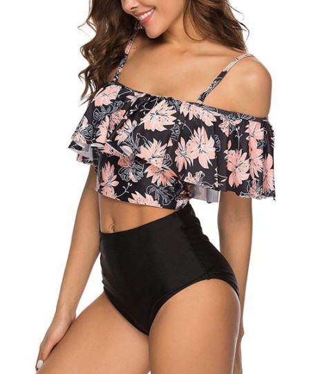 Sets Swimsuit for Women Two Pieces Bathing Suit Ruffled High Waisted Tankini Set - Black Floral 2 - CR18Q7SQZTR