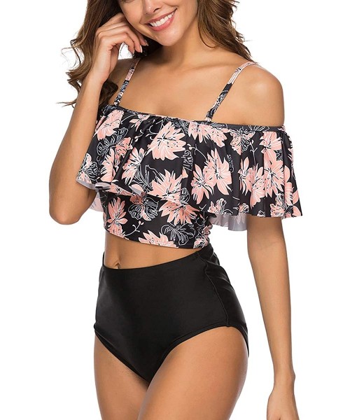 Sets Swimsuit for Women Two Pieces Bathing Suit Ruffled High Waisted Tankini Set - Black Floral 2 - CR18Q7SQZTR