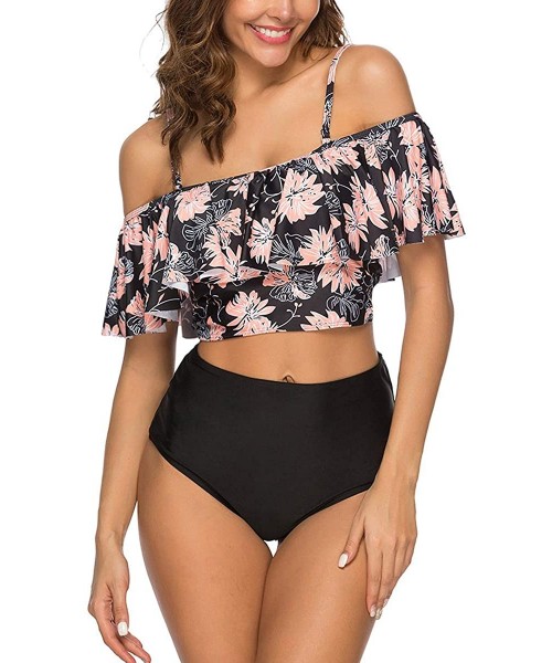 Sets Swimsuit for Women Two Pieces Bathing Suit Ruffled High Waisted Tankini Set - Black Floral 2 - CR18Q7SQZTR