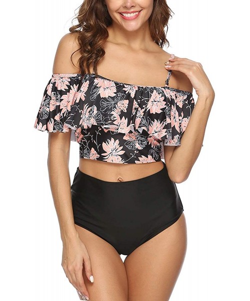 Sets Swimsuit for Women Two Pieces Bathing Suit Ruffled High Waisted Tankini Set - Black Floral 2 - CR18Q7SQZTR