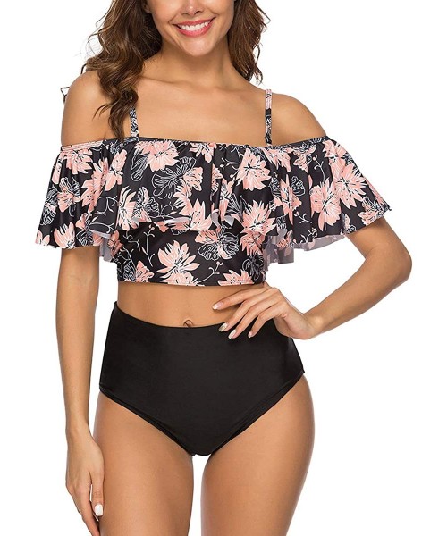 Sets Swimsuit for Women Two Pieces Bathing Suit Ruffled High Waisted Tankini Set - Black Floral 2 - CR18Q7SQZTR