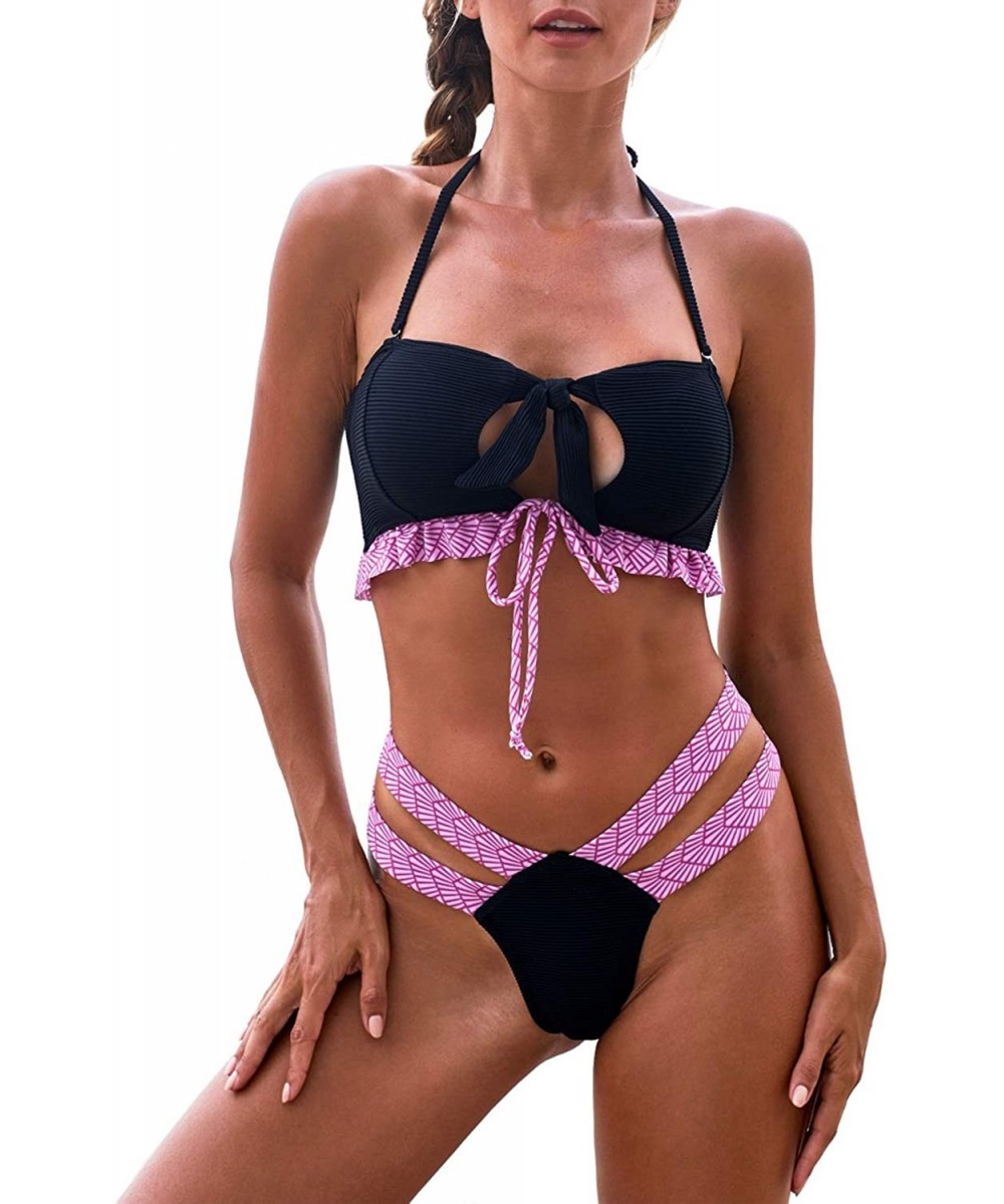 Sets Women Halter Tie Knot Front Bikini Sets Two Piece Swimsuits Swimwear Bathing Suits - A Black - CL193E2W07U