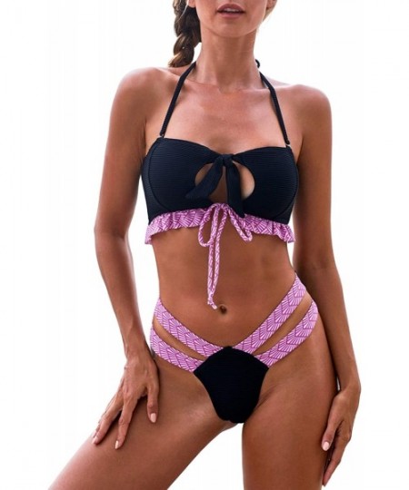 Sets Women Halter Tie Knot Front Bikini Sets Two Piece Swimsuits Swimwear Bathing Suits - A Black - CL193E2W07U