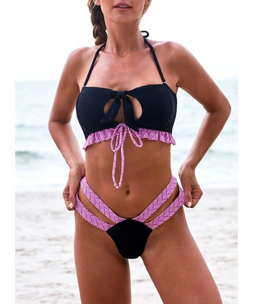 Sets Women Halter Tie Knot Front Bikini Sets Two Piece Swimsuits Swimwear Bathing Suits - A Black - CL193E2W07U