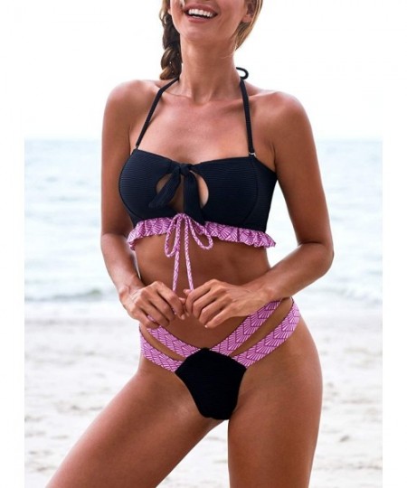 Sets Women Halter Tie Knot Front Bikini Sets Two Piece Swimsuits Swimwear Bathing Suits - A Black - CL193E2W07U