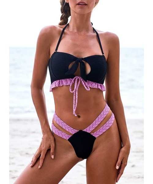 Sets Women Halter Tie Knot Front Bikini Sets Two Piece Swimsuits Swimwear Bathing Suits - A Black - CL193E2W07U