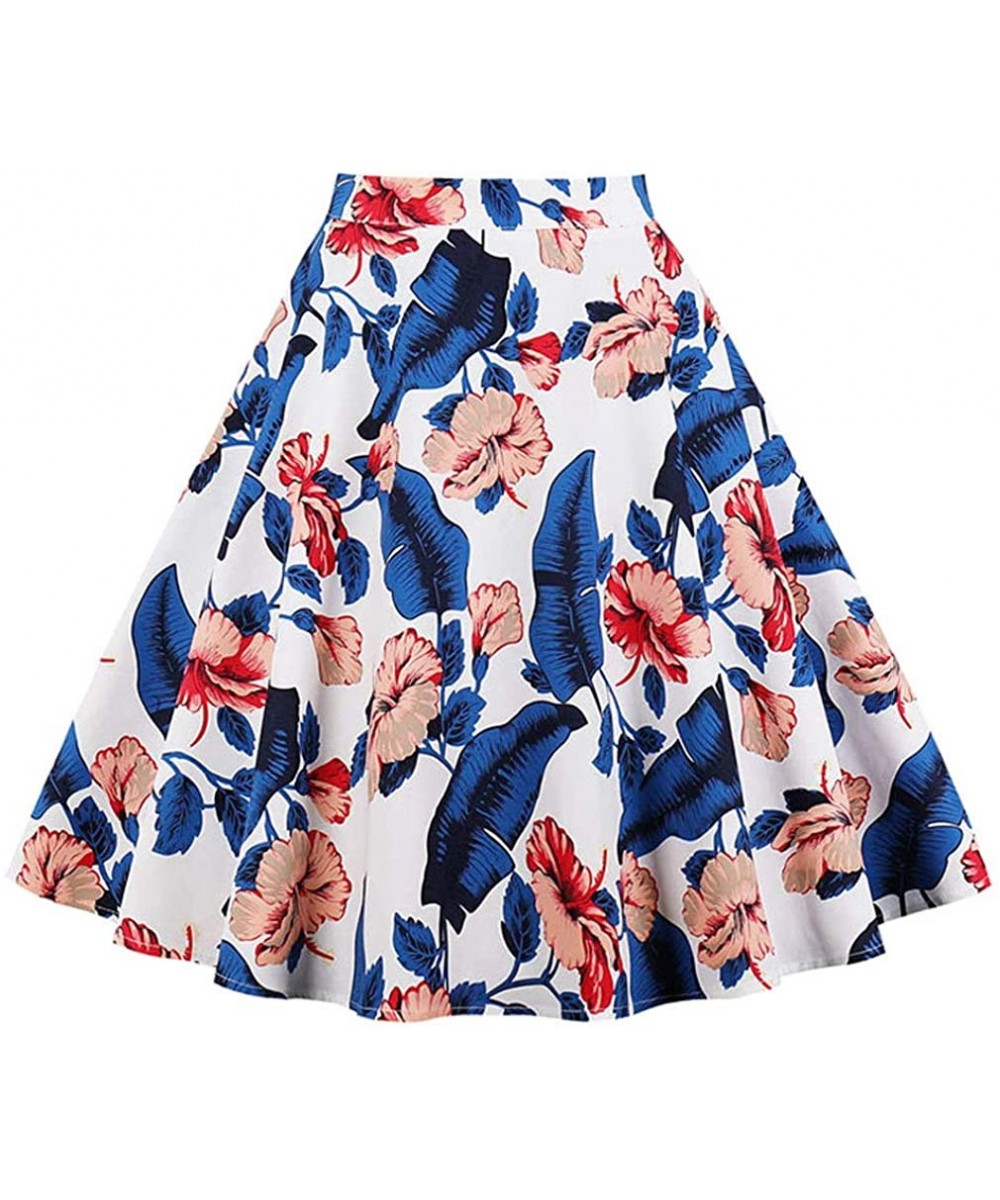 Racing Women's Vintage Knee Length Flare Floral A Line Pleated Skirt - Blue/Leaf-pink - CM18G385A9T