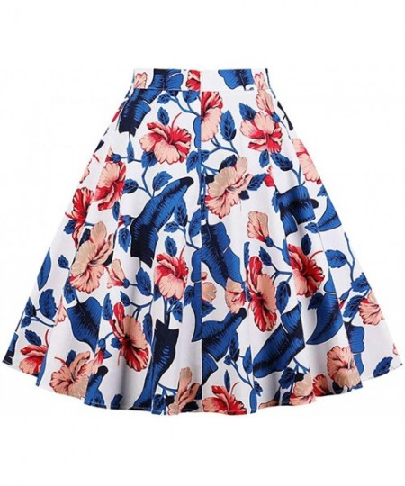 Racing Women's Vintage Knee Length Flare Floral A Line Pleated Skirt - Blue/Leaf-pink - CM18G385A9T