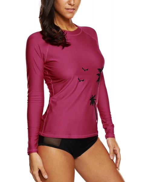 Rash Guards Women Long Sleeve Rash Guard UPF 50+ Swim Shirt Athletic Swimsuit Tops - Purple Red - CE180QA6756