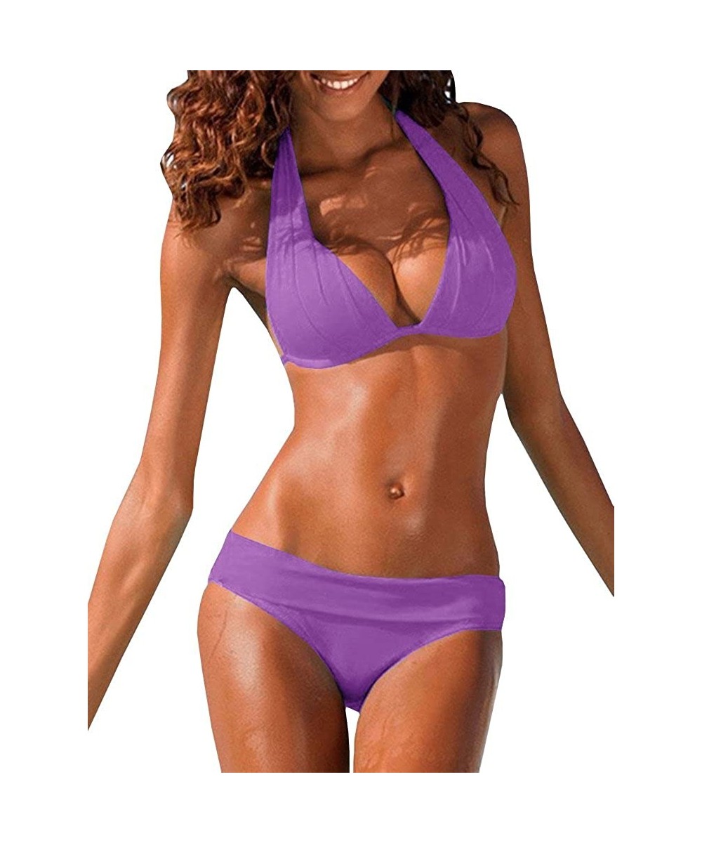 Sets Womens Halter Padded Top Push Up Bikini Set Two Piece Swimsuits Bathing Suits Beachwear - Light Purple - CR18D0HEI66