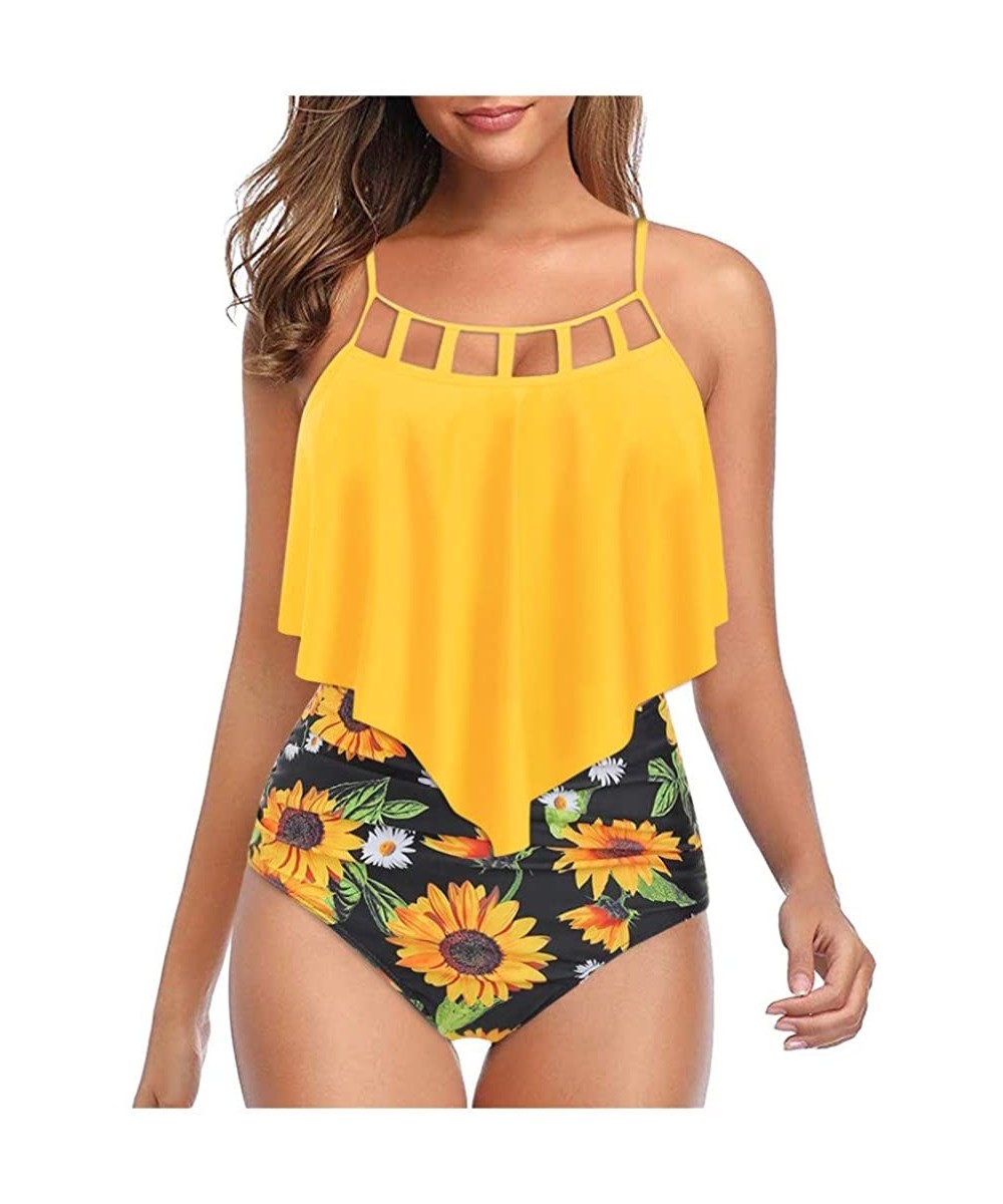 Racing Womens Bikini Set Two Piece Tankini Cutout Ruffled Top with High Waisted Sunflower Print Bottom Bathing Suits Yellow -...