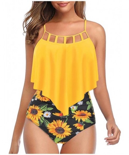 Racing Womens Bikini Set Two Piece Tankini Cutout Ruffled Top with High Waisted Sunflower Print Bottom Bathing Suits Yellow -...