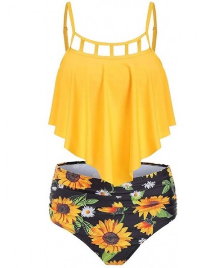 Racing Womens Bikini Set Two Piece Tankini Cutout Ruffled Top with High Waisted Sunflower Print Bottom Bathing Suits Yellow -...