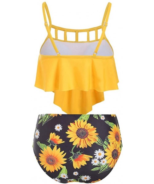 Racing Womens Bikini Set Two Piece Tankini Cutout Ruffled Top with High Waisted Sunflower Print Bottom Bathing Suits Yellow -...