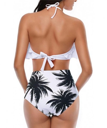 Sets Womens Two Piece Swimwear High Waisted Padded Halter Beach Bathing Suits Bikini Set - White Black - CF18Q4IWWAL