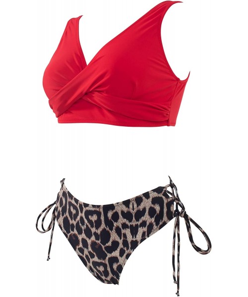 Sets Women Tie Side Push Up Bikini Front Cross Lace Up Two Piece Swimsuit - Red-leopard - CY19CSGYME3