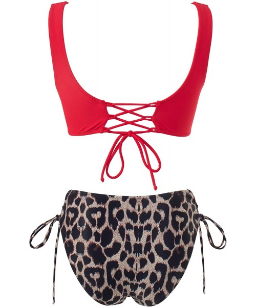 Sets Women Tie Side Push Up Bikini Front Cross Lace Up Two Piece Swimsuit - Red-leopard - CY19CSGYME3