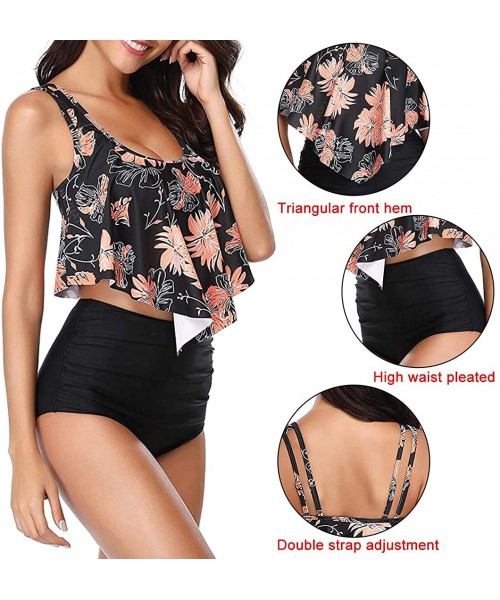 Sets Swimsuits for Women Two Piece Bathing Suits Ruffled Flounce Top with High Waisted Bottom Bikini Set Black Flower - CB196...